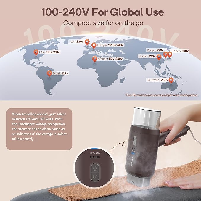 Newbealer Dual Voltage Garment Steamer 120V/220V, 1200W Powerful Steamer for Clothes, Home & Travel Use, Horizontal & Vertical Steaming, 20s Heat-up, Foldable, 1.72lbs, 180ml (Brown)