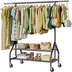 Holiwei Clothes Rack with 2 Shelves, Heavy Duty Garment Rack Load 450 LBS, Standing Rolling Metal Hanging Clothes with Sturdy Wheels & Shelves