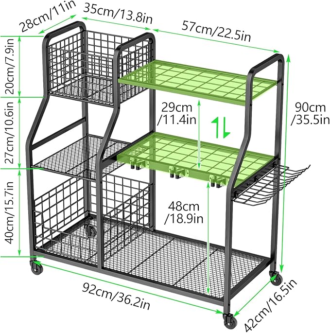 Garden Tool Organizer for Garage, 3 Tier Yard Tool Organizer and Storage Holder with Wheels, Utility Garden Tool Rack with Storage Basket for Garden, Yard, Shed, Garage, Basement