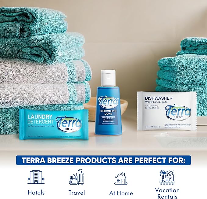 Travel Laundry Detergent & Dish Soap | Terra Breeze 1-Shoppe Amenities Kit | Laundry Soap, Dish Soap | 90 Pieces