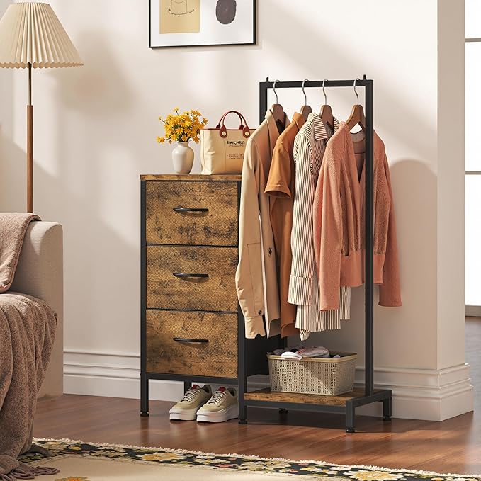 Dresser for Bedroom with Hanging Rack, 3 Drawers Dresser for Bedroom - Rustic Brown