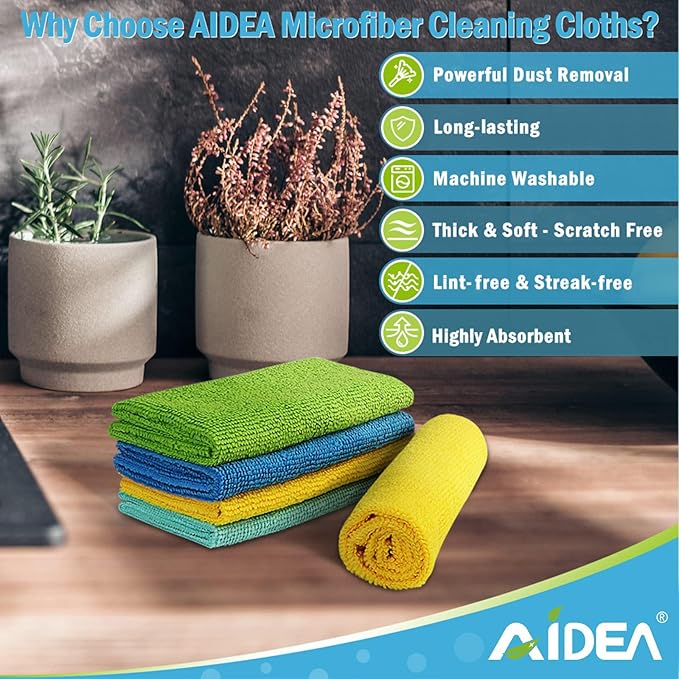 AIDEA Microfiber Cleaning Cloth, 8PK, All Purpose Microfiber Towels, Absorbent Cleaning Rags Kitchen Towels, Lint Free Dusting Cloth for House, Kitchen, Car, Window, 12"×12"