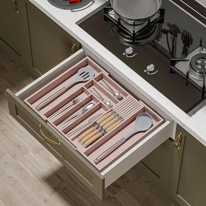 Bamboo-Silverware-Drawer-Organizer-Kitchen, Expandable Utensil Holder Cutlery Tray Flatware Organization Adjustable Wood Tableware Dividers Storage (with Removable Knife Block)(Grey Pink)