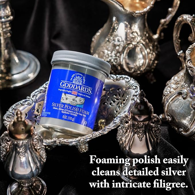 Goddard’s Silver Polish Foam, Silver Jewelry Cleaner for Antiques, Accessories, Ornaments, Silver Cleaner, Silverware Protection, Tarnish Remover for Sterling Silver Jewelry, Sponge Applicator, 6 oz