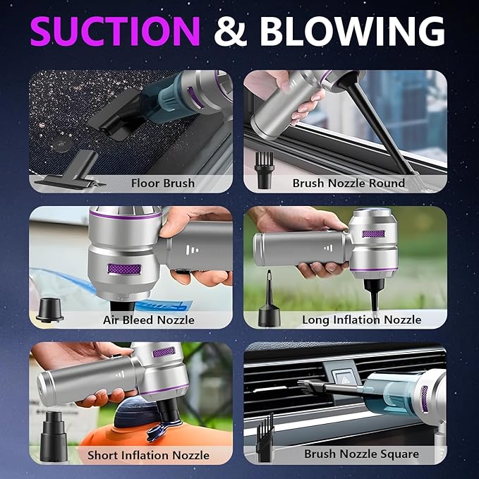 Car Vacuum,4-in-1 Mini Cordless Vacuum Cleaner with 3 Suction Modes&23000pa Suction,Portable Handheld Vacuum with LED Light,Multi-Nozzles&Brushless Motor&Air Dusters,TypeC for Car/Home/Pet/Office