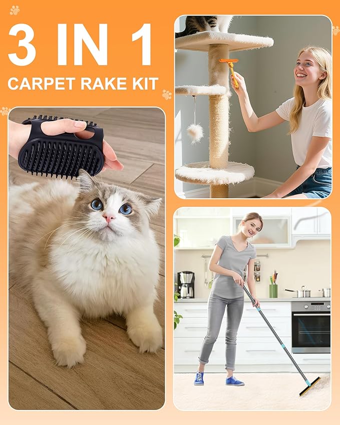3 in 1 Carpet Rake for Pet Hair Removal Tool, 51” Adjustable Long Handle Pet Hair Removal Broom, Pet Grooming Brush, Cat Dog Hair Remover Carpet Scraper for Rugs, Mats