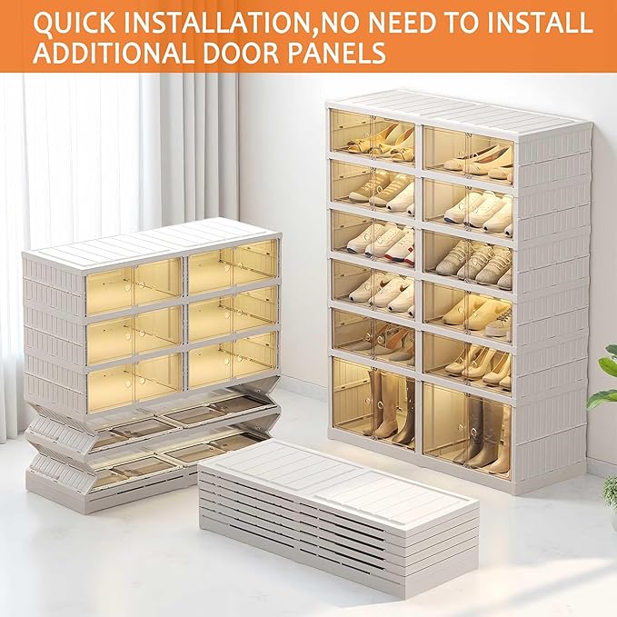 6 Tier 24 Pairs Large Shoe Rack Organizer with Doors, Foldable Collapsible Plastic Shelf, Stackable Storage Cabinet for Closet, Entryway, Hallway, Living Room - Easy Assembly