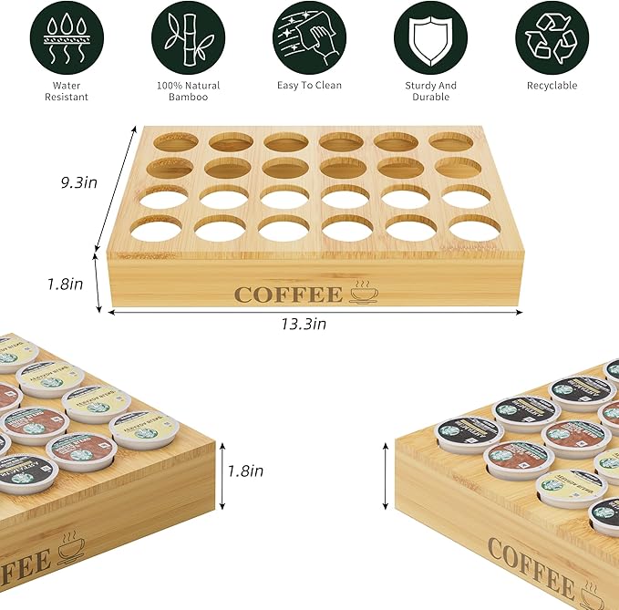 MinBoo BamBoo k cup holder Drawer or Countertop k cup Organizer Coffee Pod Holder Hold 24 Coffee Pod Storage Kcup coffee pods holder for coffee station Office and Kitchen k cup storage
