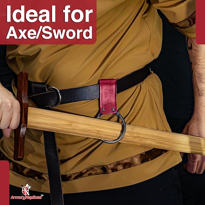 Armory Replicas - Hand Forged Medieval Viking Battle Axe Holder - Genuine Bovine Leather Functional Costume O-Ring Weapon Belt Holster