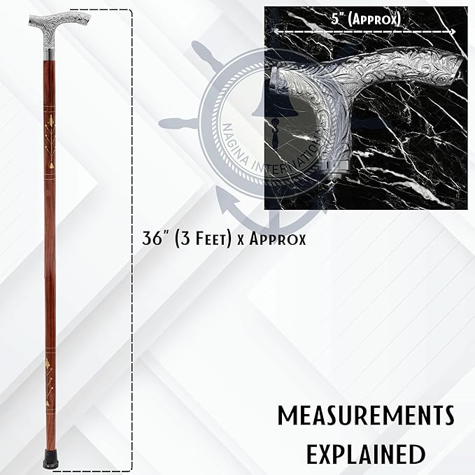 Deluxe Walking Sticks | Rosewood Crafted Cane with Solid Brass Chrome Decorative Bars | Nagina International