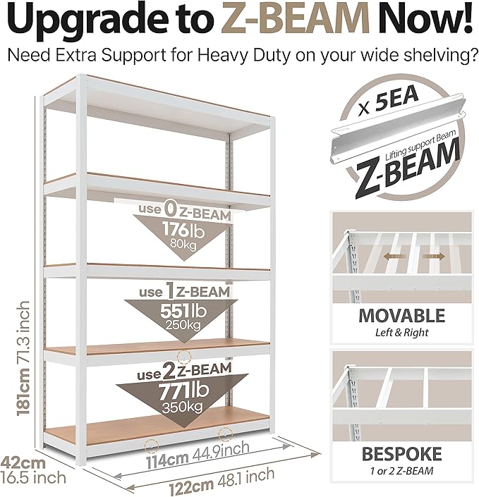 HOMEDANT House Lift-Beam White 48" Wide Boltless Heavy Duty Garage Storage Shelving Adjustable 5-Tier Metal Shelves Laminated Organization Shelf Industrial Utility Rack Pantry Shed Office Store 10Pack