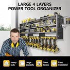 49" W Large Power Tool Organizer Wall Mount, 4 Layer Heavy Duty Metal Tool Storage Rack with 12 Drills Holder, Utility Racks for Garage Workshop, Ideal Garage Organization Gifts for Men