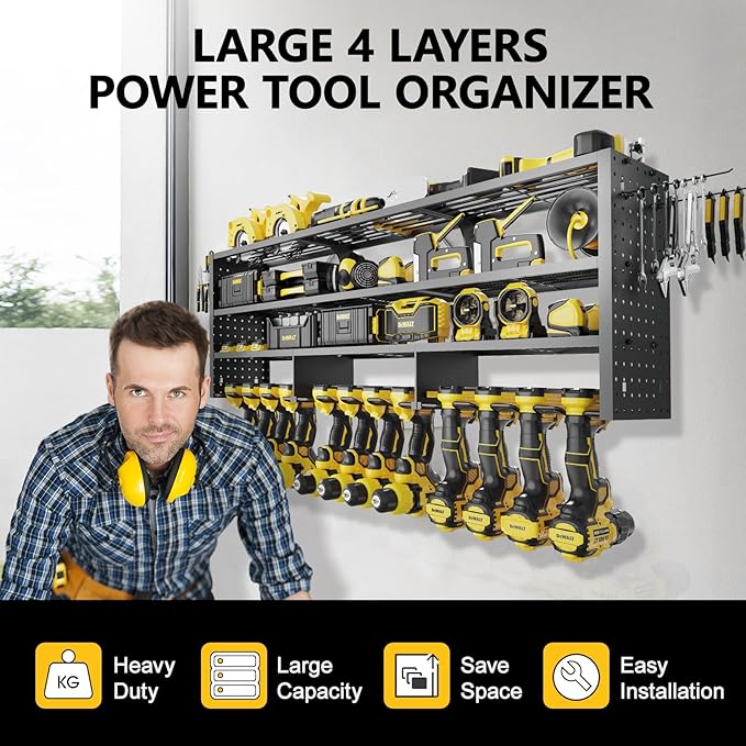 49" W Large Power Tool Organizer Wall Mount, 4 Layer Heavy Duty Metal Tool Storage Rack with 12 Drills Holder, Utility Racks for Garage Workshop, Ideal Garage Organization Gifts for Men