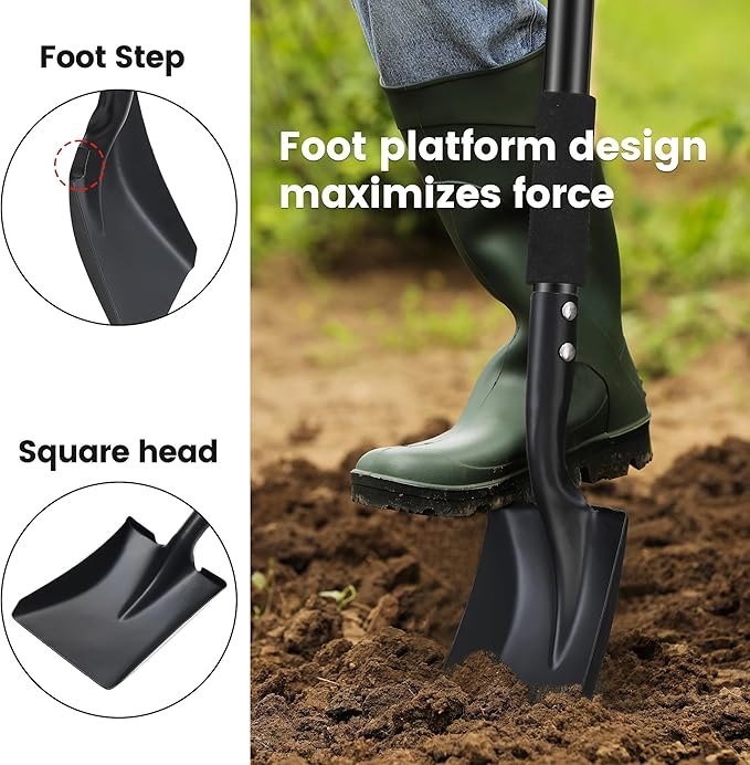 Garden Shovels for Digging, Small Flat Spade Beach Shovel with D-Handle 31 inch, Metal Square Folding Hand Sand Survival Camping Adult Kids Shovel