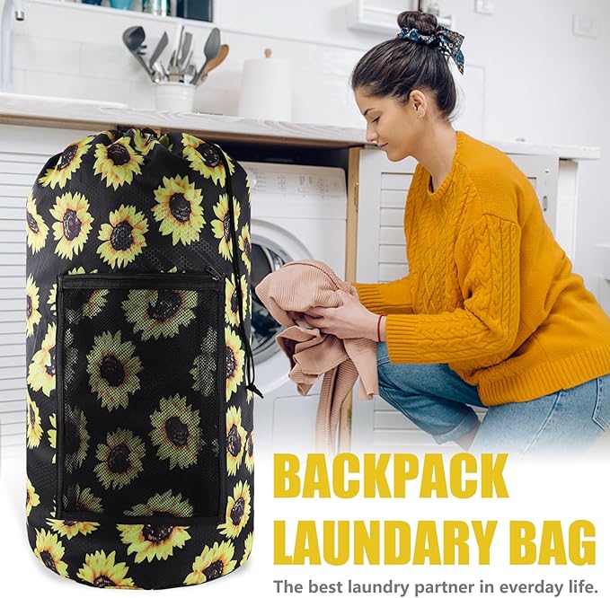 Laundry Bag Backpack, 2PCS Extra Large Travel Laundry Bag with Mesh Pocket & Adjustable Shoulder Straps,Dirty Clothes Travel Bag for College Students Dorm,Apartment(Sunflower)