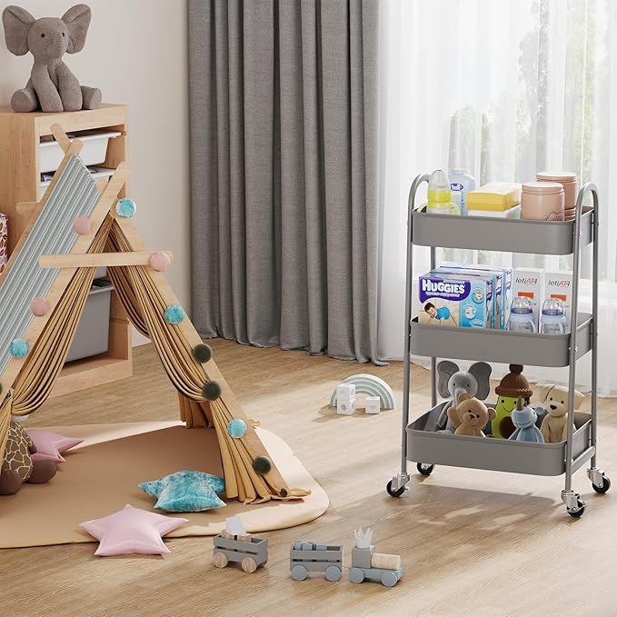 Gray 3 Tier Rolling Storage Cart on Wheels, Sturdy Metal Organizer Cart with Wheels and Handle, Three Tiered Utility Carts for Book, Art, Craft, Snack, Cleaning, Kitchen, Easy Assembly, Mesh Shelves