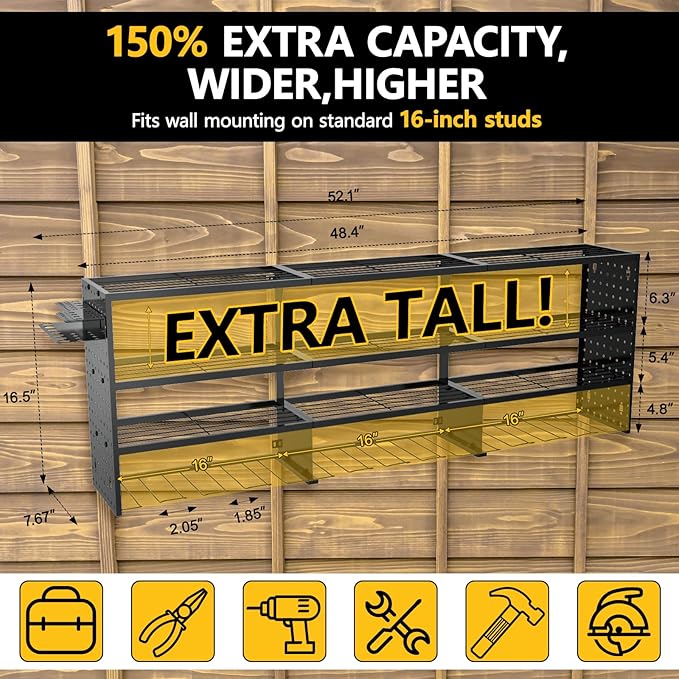 49" W Large Power Tool Organizer Wall Mount, 4 Layer Heavy Duty Metal Tool Storage Rack with 12 Drills Holder, Utility Racks for Garage Workshop, Ideal Garage Organization Gifts for Men