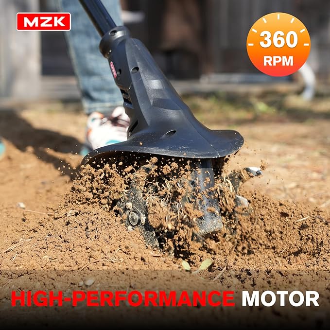 MZK 20V Cordless Tiller Cultivator with Steel Tines,8-inch Wide Battery Powered Garden Cultivator, 360RPM Electric Tiller for Lawn/Gardening/Soil Cultivation(2 * 2AH Battery&Charger Included),TC08D01
