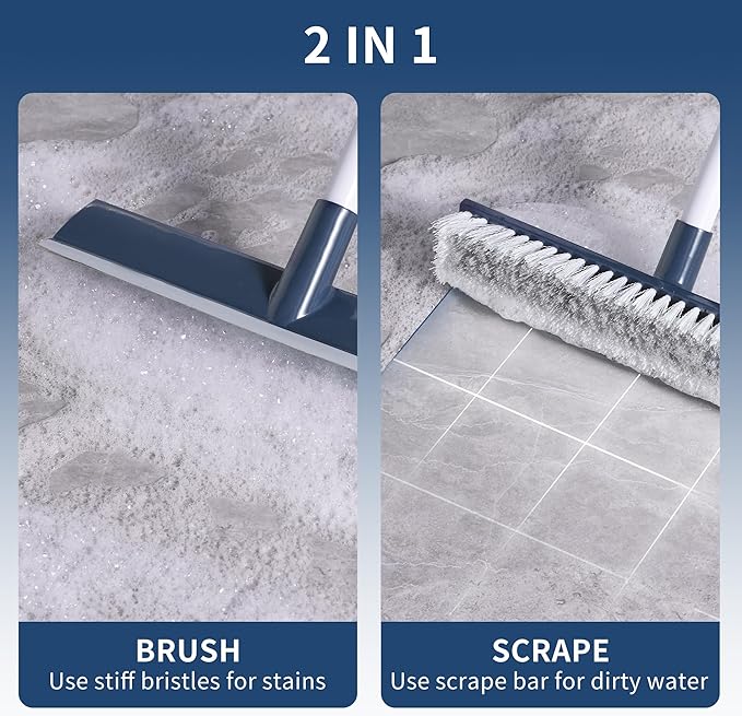 BOOMJOY Floor Scrub Brush with 57" Long Handle, 12" Wide Head, 2 in 1 Scrape and Brush, Stiff Bristle for Cleaning Bathroom, Patio, Kitchen, Tile, Wall and Deck