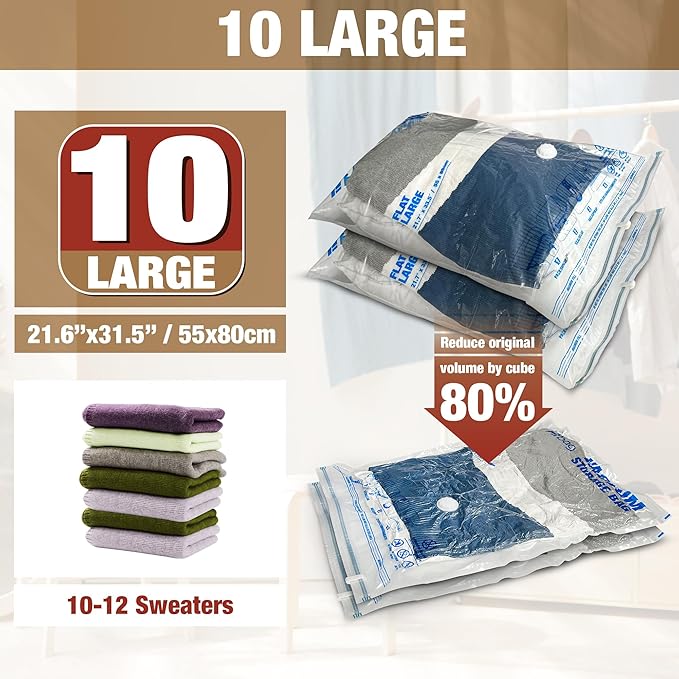 HIBAG Vacuum Storage Bags, 10 Large Space Saver Vacuum Seal Bags, Nylon & Polyethylene (PE) Material, Zipper Closure, Rectangular Shape, Durable, 10-Pound Load Capacity, For Bedding & Clothing