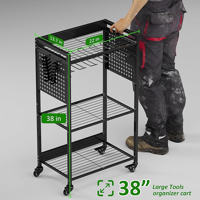 Utility Cart & Tool Organizer with 3-Tier Shelves, Pegboards & Electric Drill Holder | Heavy-Duty Rolling Cart for Garage & Workshop | Mobile Tool Storage & Gift for Men