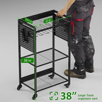 Utility Cart & Tool Organizer with 3-Tier Shelves, Pegboards & Electric Drill Holder | Heavy-Duty Rolling Cart for Garage & Workshop | Mobile Tool Storage & Gift for Men