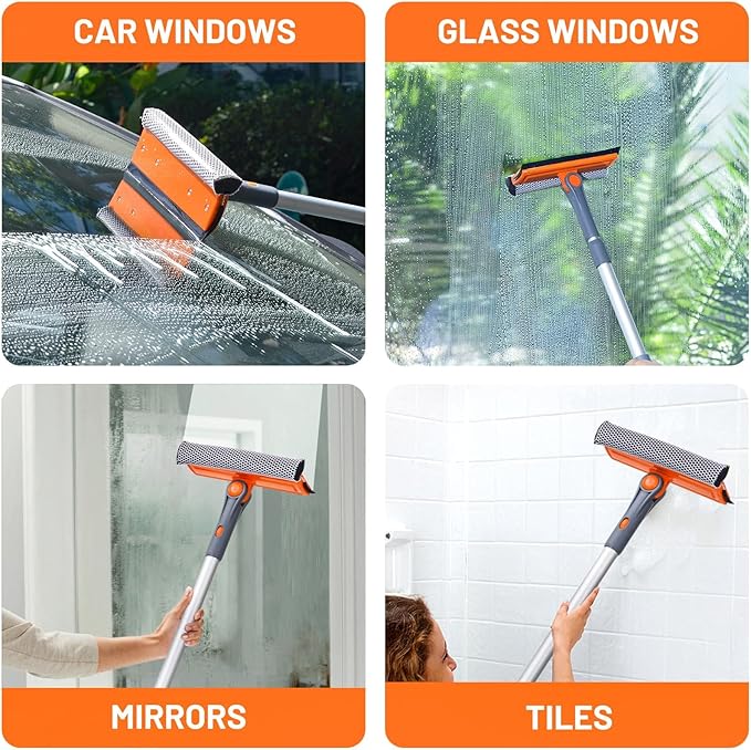eazer Professional Window Squeegee, 2-in-1 Rotatable Squeegee for Window Cleaning Kit, Window Cleaner Tool, Window Washing Equipment Kit with Extension Pole (20''-30'') for Shower/Windshield