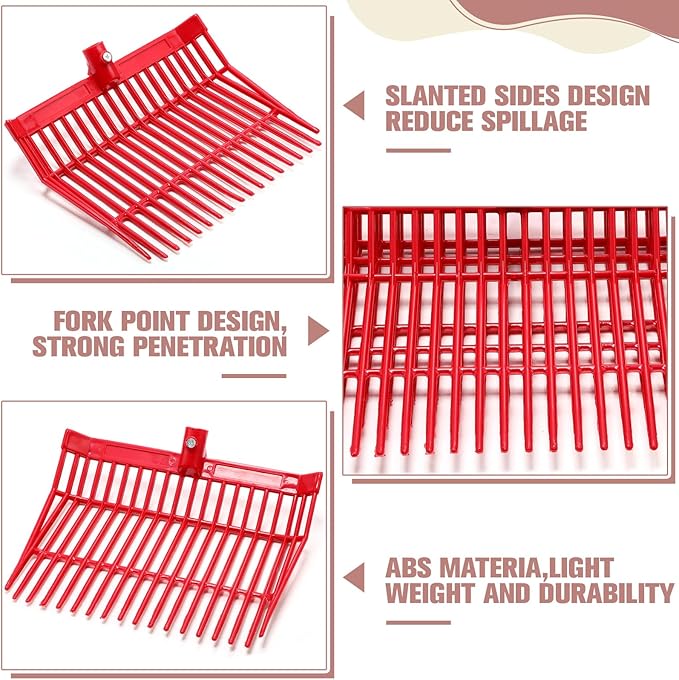 Lasnten 6 Pcs Manure Fork Replacement Head, 18 Tines Pitchfork Head with Screws and Nuts, Horse Manure Rake for Picking up Grass and Hay(Red)