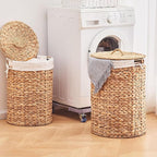 Round Water Hyacinth Laundry Hamper with Lid Handwoven Wicker Basket with Handles for Dirty Clothes, Storage, and Organization Ideal for Bedroom, Bathroom, and Laundry Room, No Assembly Required, 60L