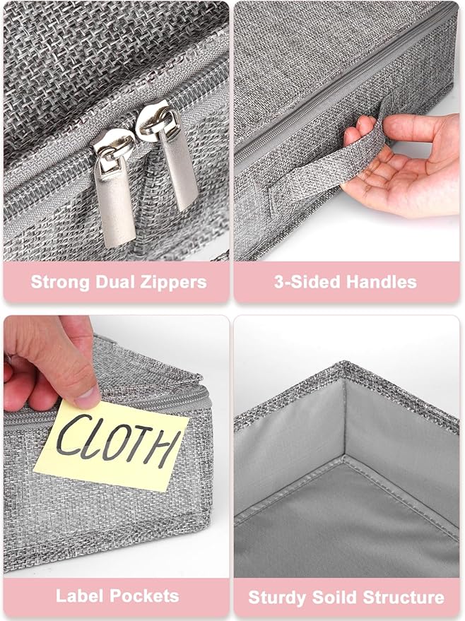 Low Profile Under Bed Storage Containers, 4" Tall Underbed Storage with Rigid Sidewalls & Bottom, Shallow Clothes Storage Organizer Bin with Lid for Couch Sofa Dorm, 2-Pack, 33.5 x 16 x 4 Inches Grey