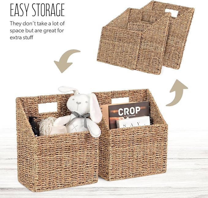 Wicker Hanging Storage Baskets (10.5"Lx6.5"Wx13"H), Set of 2 Wall Basket, Seagrass Basket, Wall Decor Baskets, Seagrass Woven Hanging for Organizing Files, Mails, Books, Accessories