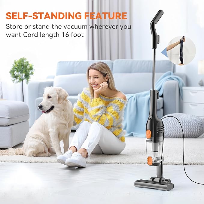 Vazone R6X Corded Stick Vacuum Cleaners for Home, 30000pa Powerful Suction Stick Vacuum with 16Ft Cord, 2 in 1 Lightweight Vacuum Cleaner for Hard Floor Pet Hair (Orange)