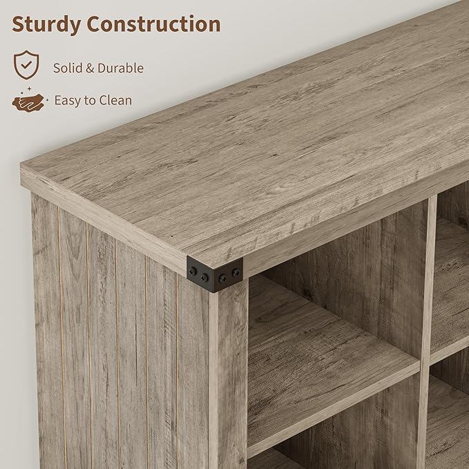 GarveeHome 8 Cube Storage Organizer Bookshelf, Farmhouse Horizontal Bookcase, 62 Inch Wood Storage Bookcase for Entryway, Long Low Bookshelves for Living Room (Grey, 8 Cube)