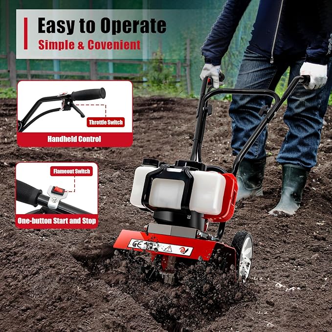 2-Stroke 52CC Mini Tiller Cultivator,Gasoline Power Garden Farmyard Tiller 1900W Soil Work Cultivator 6500rpm Yard Rototiller Tilling Tool for Ploughing, Furrowing, Tilling, Weeding