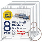 White Wire Shelf Dividers for Closet Organization – 8-Pack – Sturdy and Easy Set-Up Closet Shelf Dividers with Bonus Rose Gold Hanger – 12 inches x 12 inches