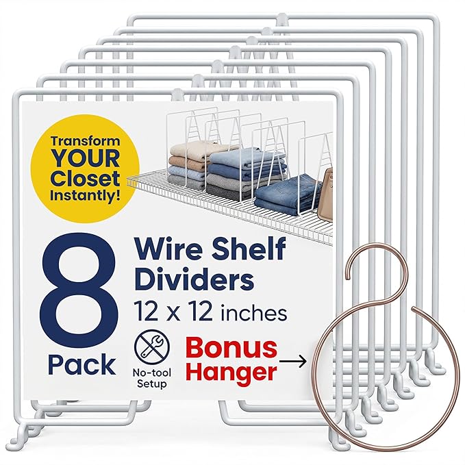 White Wire Shelf Dividers for Closet Organization – 24-Pack – Sturdy and Easy Set-Up Closet Shelf Dividers with Bonus Rose Gold Hanger – 12 inches x 12 inches