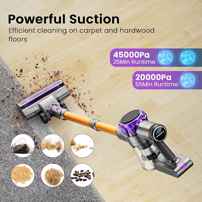 S3 Cordless Vacuum Cleaner, 45kPa Powerful Suction Vacuum Cleaners for Home, 55-Min Runtime Rechargeable Stick Vacuum, Self-Standing, for Pet Hair Carpet Hard Floor, LED Display