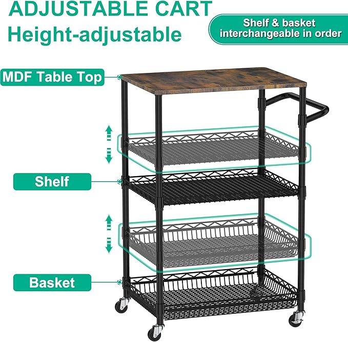 Rolling Kitchen Cart with Wheels, 3 Tier Metal Utility Cart with Wood Tabletop Heavy Duty Wire Rolling Kitchen Island Storage for Pantry Bar Microwave with Handle & Shelf Liners, Black