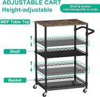 Rolling Kitchen Cart with Wheels, 3 Tier Metal Utility Cart with Wood Tabletop Heavy Duty Wire Rolling Kitchen Island Storage for Pantry Bar Microwave with Handle & Shelf Liners, Black