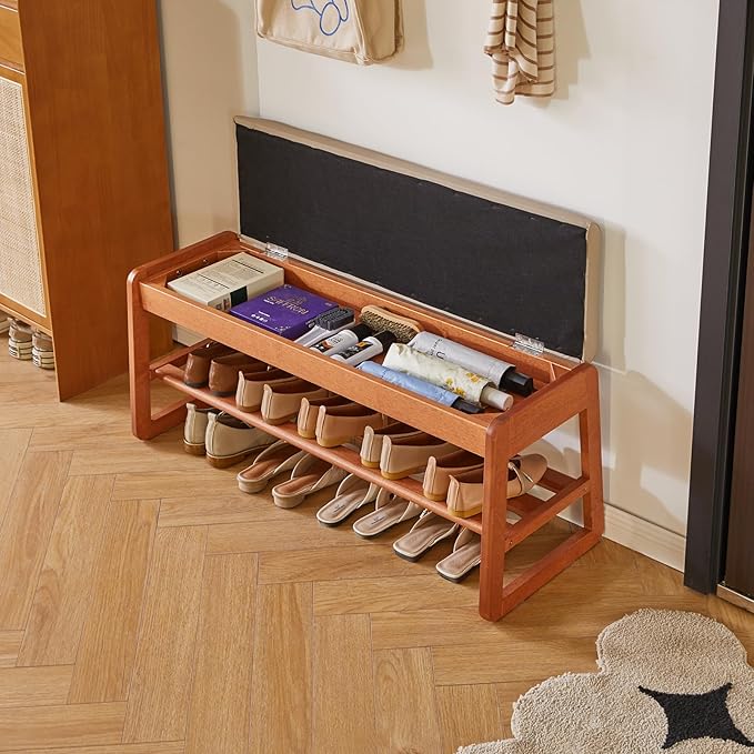 Wood Shoe Bench with Flip-Top Storage, 2-Tier Entryway Shoe Bench, 39.37in Shoe Rack with Cushion for Living Room, Cherry Wood Color YD-WD062C