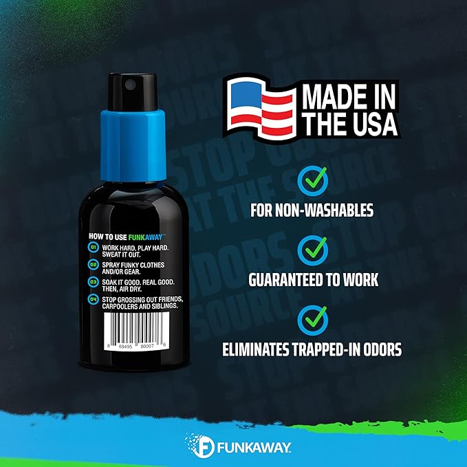 FunkAway Odor Eliminator Spray for Shoes, Clothes and Gear, 3.4 oz., Non-Aerosol; Mini Size for Travel, Ideal for Gym Bag, Purse, Locker or Suitcase