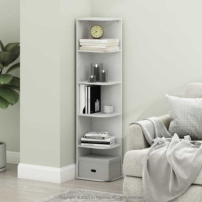 Furinno Pasir 5-Tier Corner Open Shelf Bookcase, White