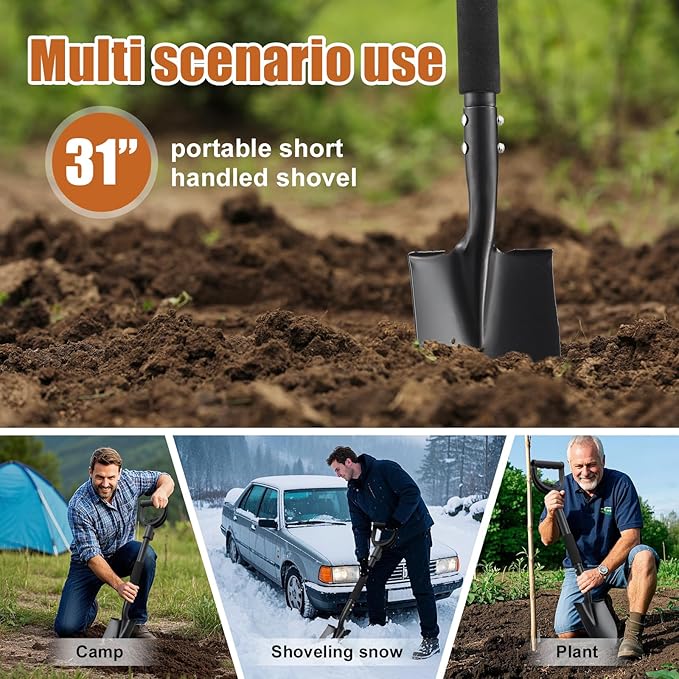 Shovel, Garden Shovels for Digging, 31” Small Spade with D-Handle Portable，Suitable for Car Snow Removal Trenching Kids Sand Beach Shovel Camping Gardening