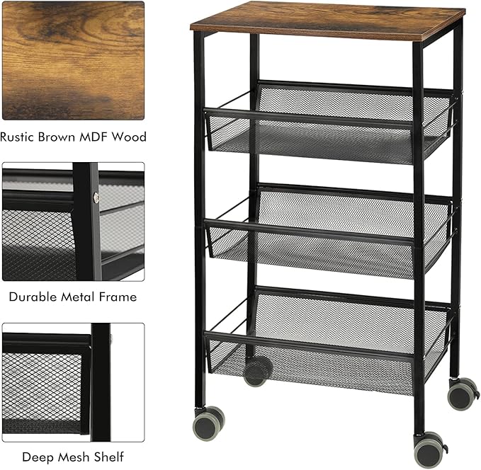 Kitchen Storage Rolling Cart, 4-Tier Kitchen Island Cart on Wheels with Wooden Shelves, Lockable Utility Cart with Mesh Baskets for Narrow Space on Dining Room Bathroom，Black