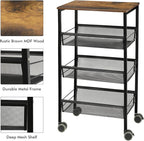 Kitchen Storage Rolling Cart, 4-Tier Kitchen Island Cart on Wheels with Wooden Shelves, Lockable Utility Cart with Mesh Baskets for Narrow Space on Dining Room Bathroom，Black