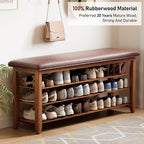 47.2“ Entryway Shoe Storage Bench with Leather Cushion, Farmhouse Wooden Shoe Rack Bench with 3 Tire Under Bench Shoe Storage, Adjustable Shelf and Seating, for Hallway, Front door, Outdoor