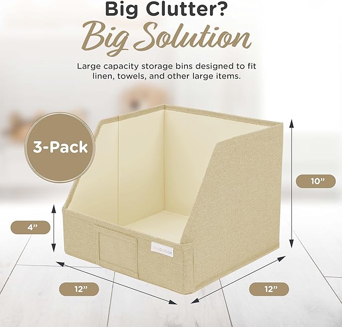 Trapezoid Storage Bins – 3-Pack Closet Shelf Organizer & Baskets, Open Front Bin for Shelves, Foldable Fabric Basket for Clothes, Cube Storage Bins, Towel, Clothing Shelf (Beige, 3 Pack)