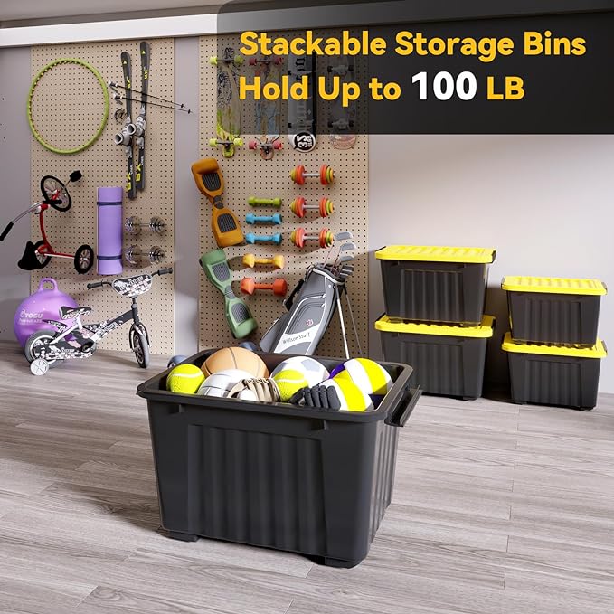 Nazhura 97 Quart Plastic Storage Bin, Stackable and Nestable Storage Boxes with Yellow Lids and Secure Latching Buckles, Large Storage Container (Black/Yellow, 97Quart-6Pack)