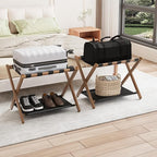 Smuxee Walnut Bamboo Luggage Rack Pack of 2, Foldable Suitcase Stand with Storage Shelf, Easily Assembled Luggage Stand with 5 Nylon-Straps for Guest Room Hotel Bedroom