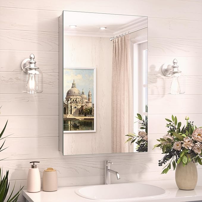 TokeShimi 16x26 Farmhouse Medicine Cabinet Recessed or Surface Mount Aluminum, Tempered Mirror with Adjustable Storage, Silver Bathroom Mirror Medicine Cabinet Frameless Metal Modern